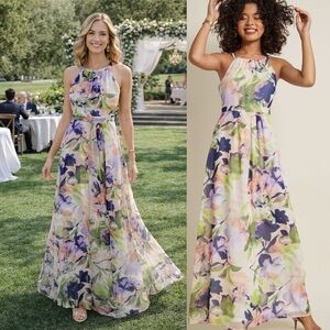 Anthropologie ModCloth Floral Maxi Dress Pink Pirple Green Girly M